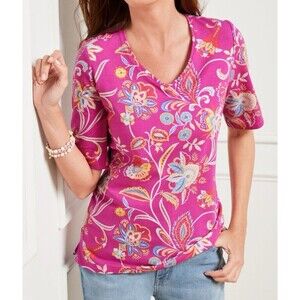 Talbots ‘The Talbots Tee’ Shirt Womens 2X Pink Paisley V-Neck Short Sleeve Top